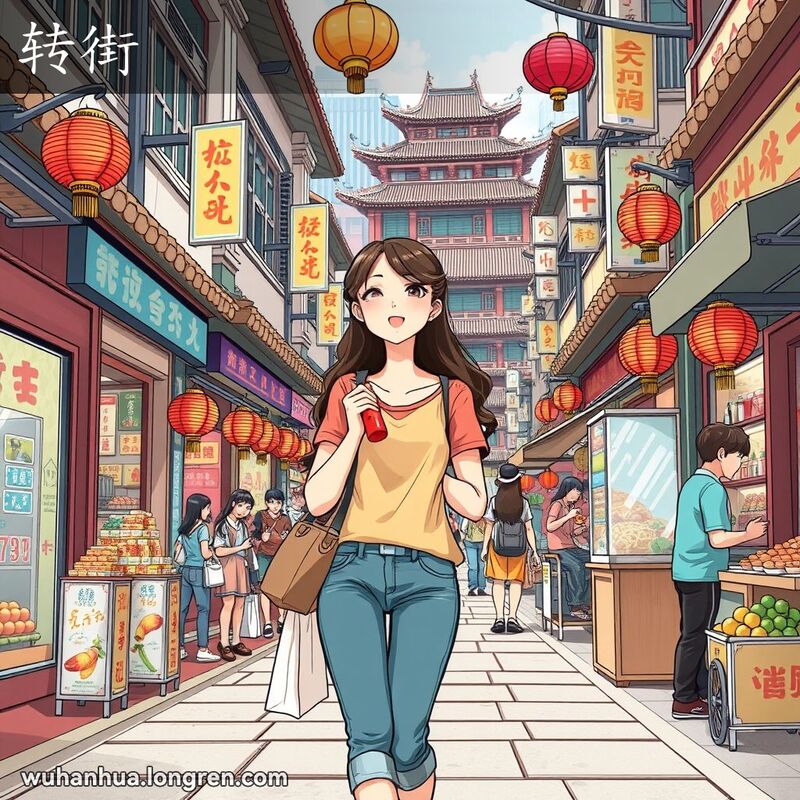 一位年轻女子在武汉街头逛街，手持购物袋和小吃，背景是繁忙的街道和各种摊贩