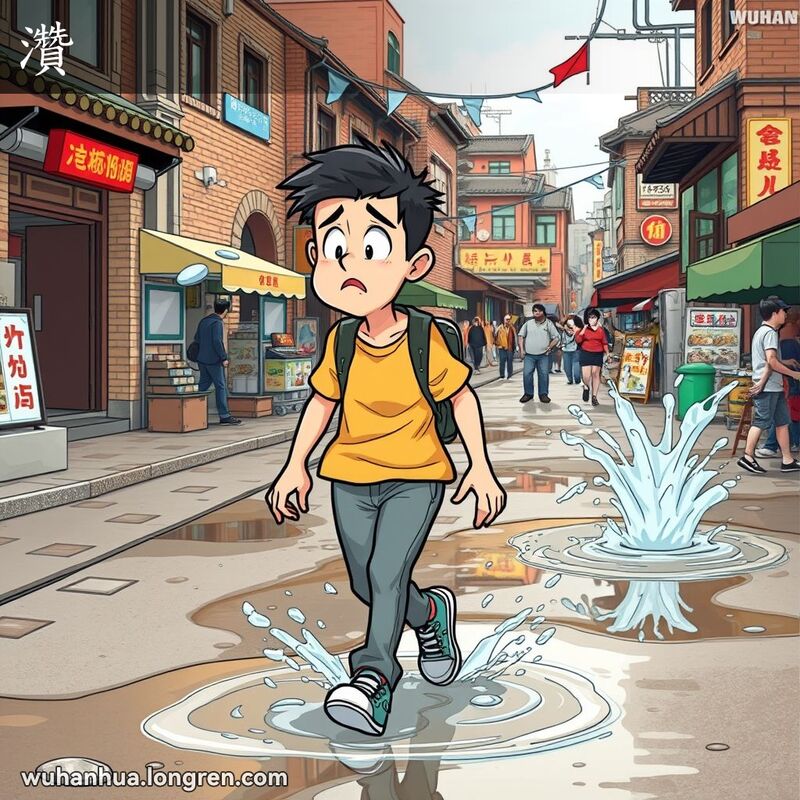 一个人在武汉街道上行走，水花四溅，溅到了他的衣服上，表情惊讶和不悦，背景是武汉老街景