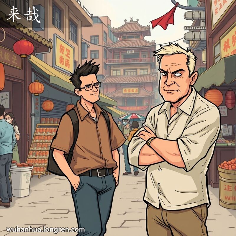 两位男子在武汉市场中，一位男子背对另一位离开，表示不愿交往，背景是传统的街头小贩和老建筑