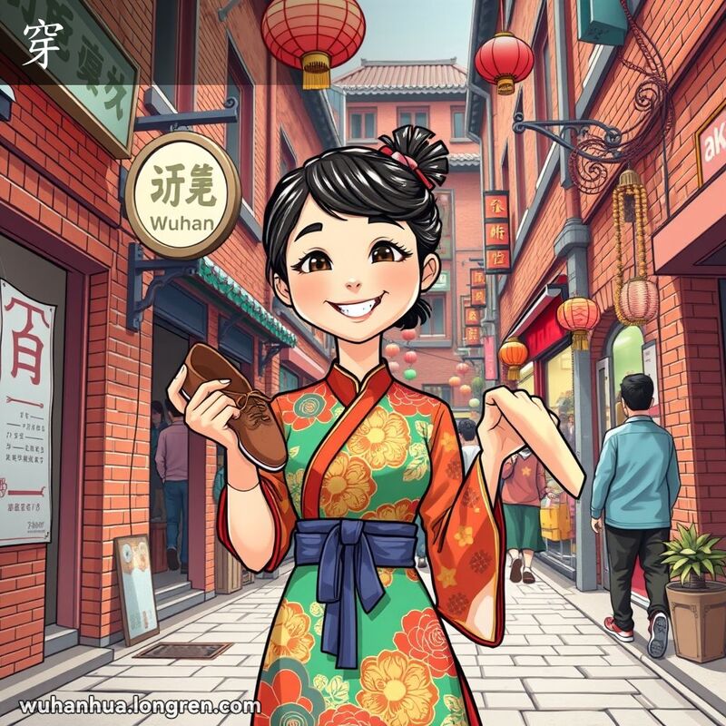 一位年轻女子站在武汉街头，手持鞋子和丝绸，背景是热闹的市场和挂满灯笼的巷子
