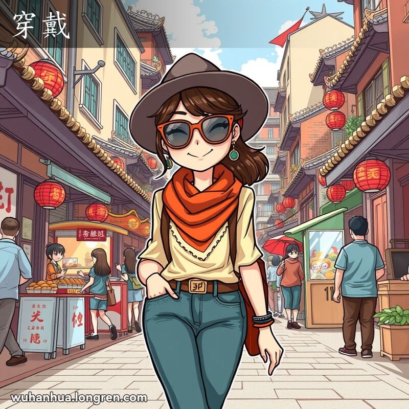 一位时尚的武汉年轻女子，身穿混合现代和传统服饰，自信地走在武汉的街头，背景是传统建筑和热闹的街头小贩