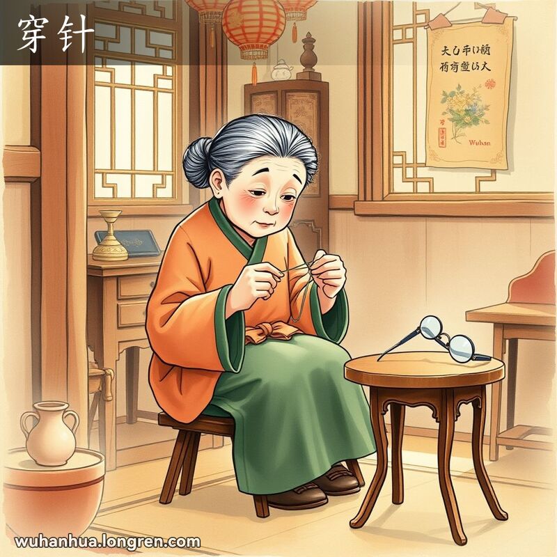 一位武汉老妇人坐在小木凳上，手持针线，专注地穿针，旁边桌上放着一副眼镜，背景是温馨的老式房间