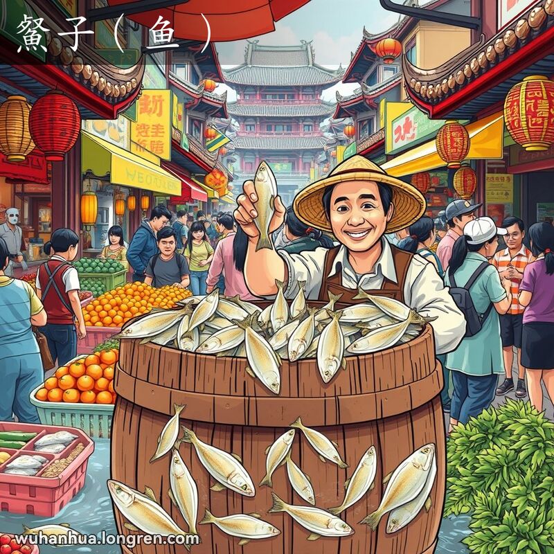 武汉市场上，摊位展示小巧白色侧扁的䱗子鱼，摊主向顾客展示，背景是热闹的市场场景