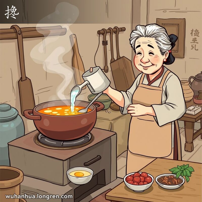 一位武汉老妇人在厨房中将水倒入汤锅，表现“搀”的意思