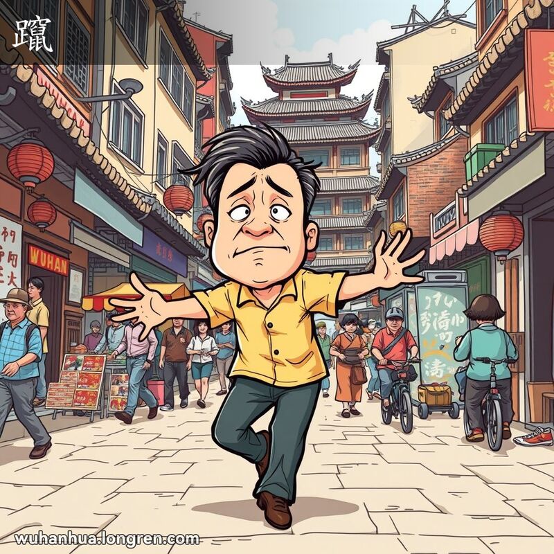一个人在武汉老街上走路不稳，手脚不协调，背景是繁忙的市井生活