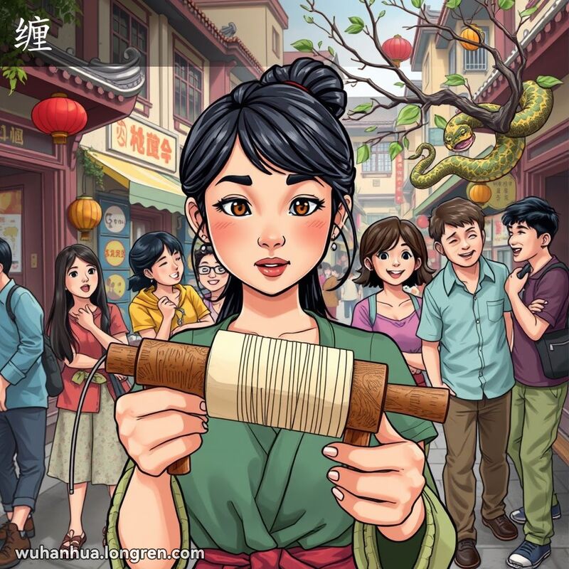 武汉街头，一位女子专注地用线缠绕纺锤，背景中朋友们聊天，一人被忽略，远处蛇缠树枝。