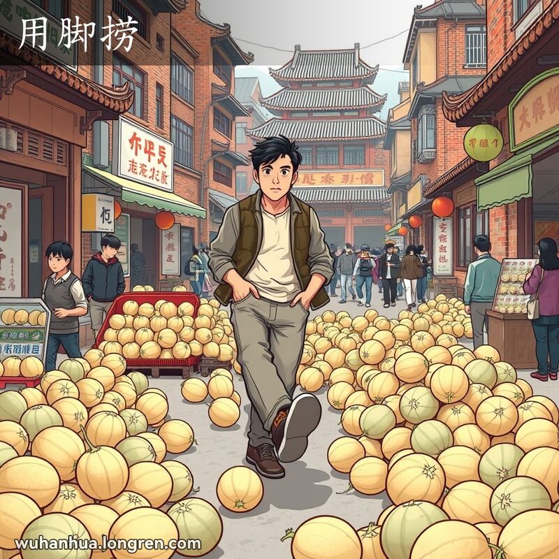 一位武汉男子在街上用脚踢冬瓜，表情漫不经心，背景是武汉老街景