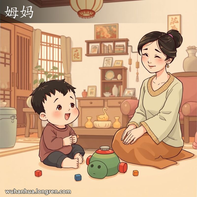 一个温馨的武汉家庭场景，母亲温柔地看着孩子在地上玩耍，背景是传统的中式家具和装饰