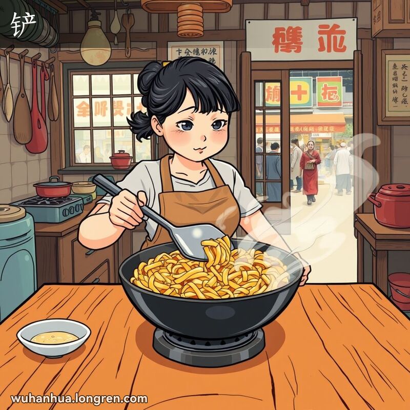 一位武汉妇女在厨房中用大铁铲将菜铲入碗里，背景是传统厨房和窗外的街市