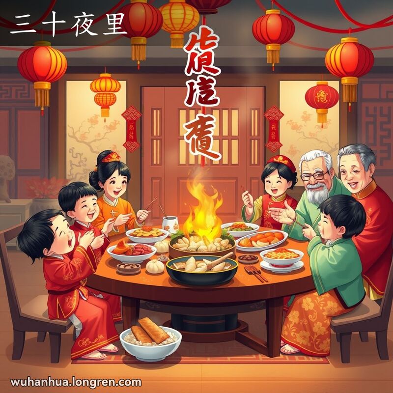 一个传统中国家庭在除夕夜围绕丰盛的晚餐桌，背景有红灯笼和对联，孩子们玩鞭炮和灯笼，成年人准备点燃香火。