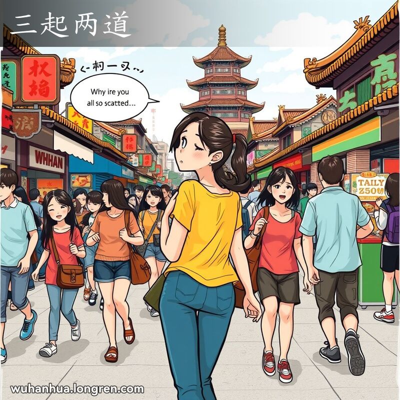 一群朋友在武汉街头零零落落地行走，主角回头看着朋友们，露出沮丧的表情，背景是热闹的武汉街景