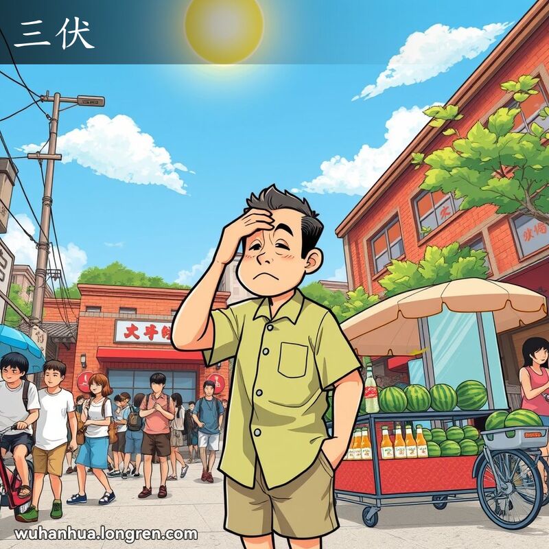 武汉三伏天的街道，男子擦汗，街边摊贩售卖冷饮和西瓜，背景是武汉老街景