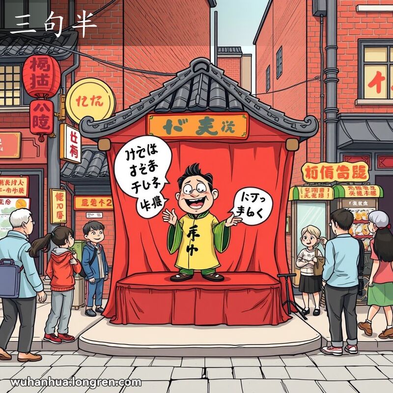 一位表演者在武汉老街的小舞台上朗诵“三句半”，背景是传统建筑和小摊贩
