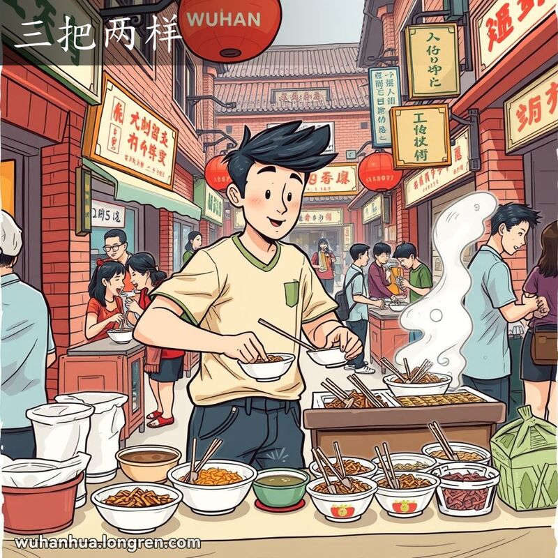 一位年轻的武汉男子在街边市场迅速摆摊，动作敏捷利索，背景是繁忙的武汉老街市场