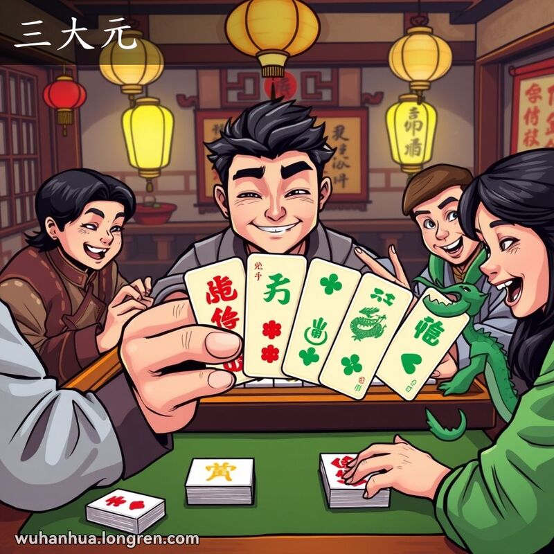 四位玩家围坐在麻将桌旁，一位玩家手持红中、白板和发财，露出满意的表情，背景是温馨的房间。