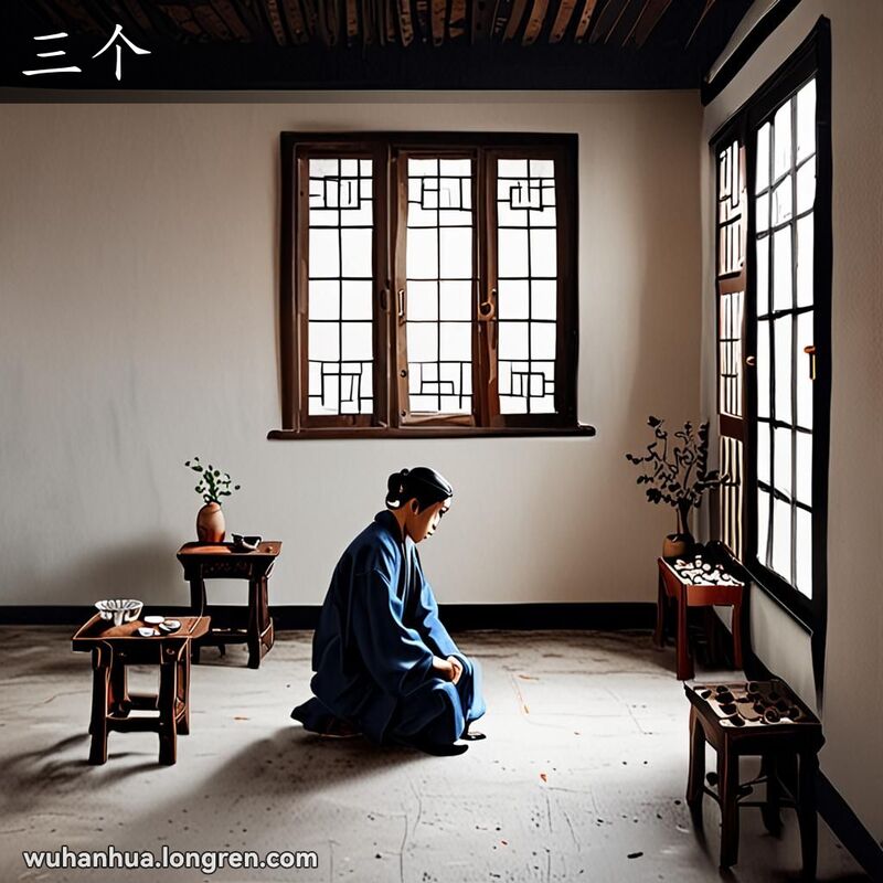 一位年轻人坐在木凳上，手握三枚硬币，面露忧虑和不确定的神情，背景是简朴的武汉小屋和寂静的街景