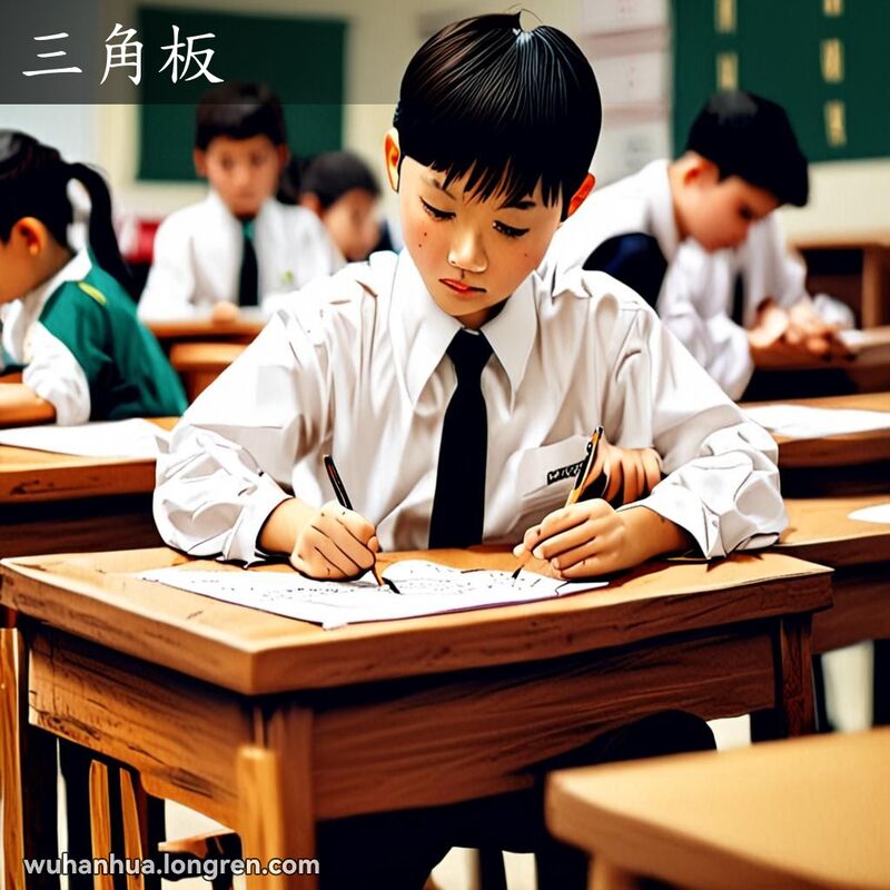 一位学生在教室里用三角板画直线，背景是老式教室
