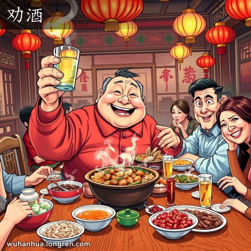 一位中年男子在武汉宴会上劝朋友喝酒，背景是传统的武汉餐馆，桌上摆满美食和酒水。