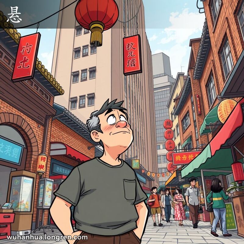 一位中年男子站在武汉街头，仰望高楼上悬挂的红灯笼，脸上带着担忧的表情，背景是武汉的传统街景。
