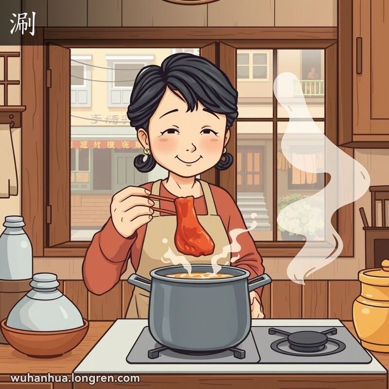 一位中年妇女在厨房用筷子将肉浸入沸水中，展现“涮”的场景，背景是温馨的家庭厨房和武汉街景