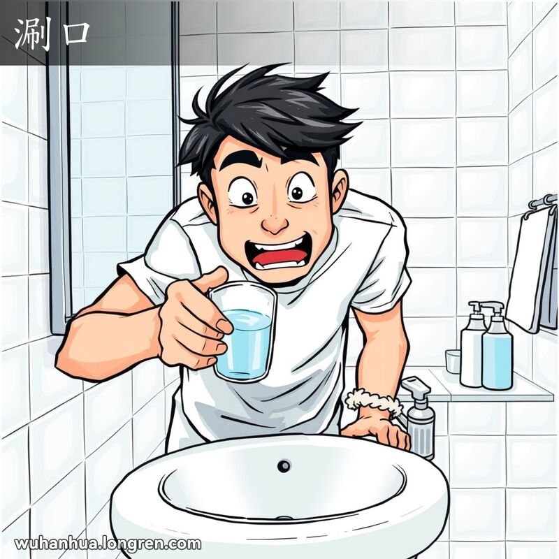 一个人站在洗手池前，手持一杯水，准备漱口的场景，背景是洗手间环境