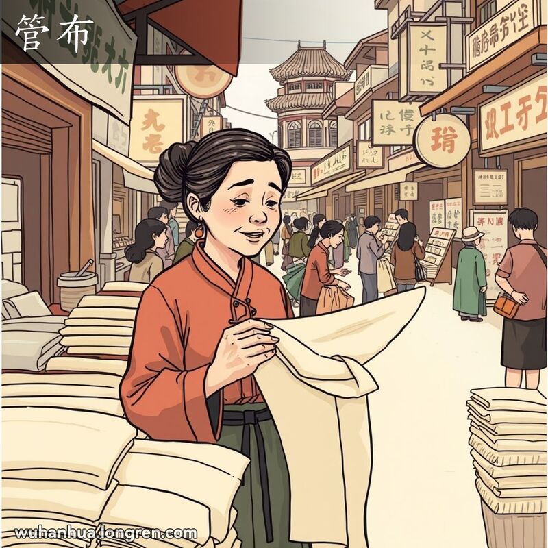 一位中年妇女在旧时武汉街市的摊位前察看一匹原色平纹棉布，背景是繁忙的传统市场