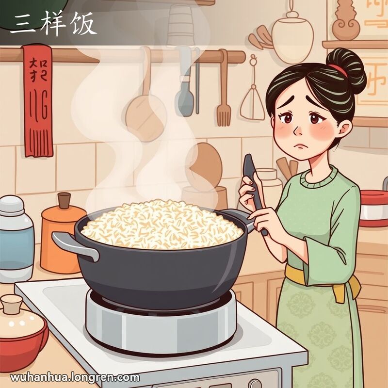 一位妇女在厨房里，锅里的米饭煮得不均匀，有些部分煳了，有些部分夹生，还有些部分刚好熟了，她脸上露出失望的表情。
