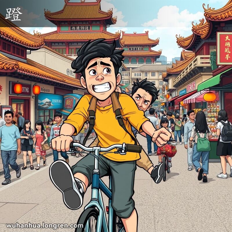 一位骑自行车的年轻人在武汉街头被人从后面踢了一脚，背景是武汉的传统街景