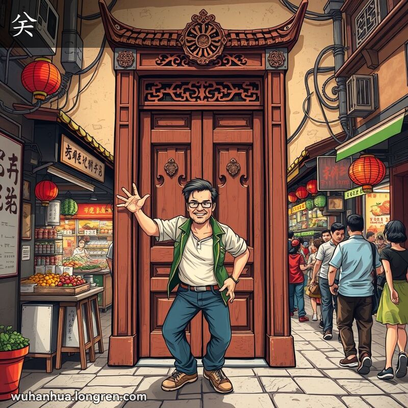一位武汉男子站在传统木门前，准备将门关上，背景是热闹的武汉老街市场