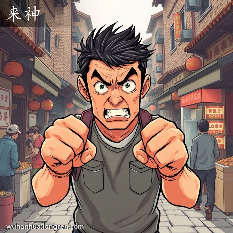 一位武汉男子站在街头，表情紧张，握紧拳头，显示出即将发怒的情绪，背景是武汉街头景象