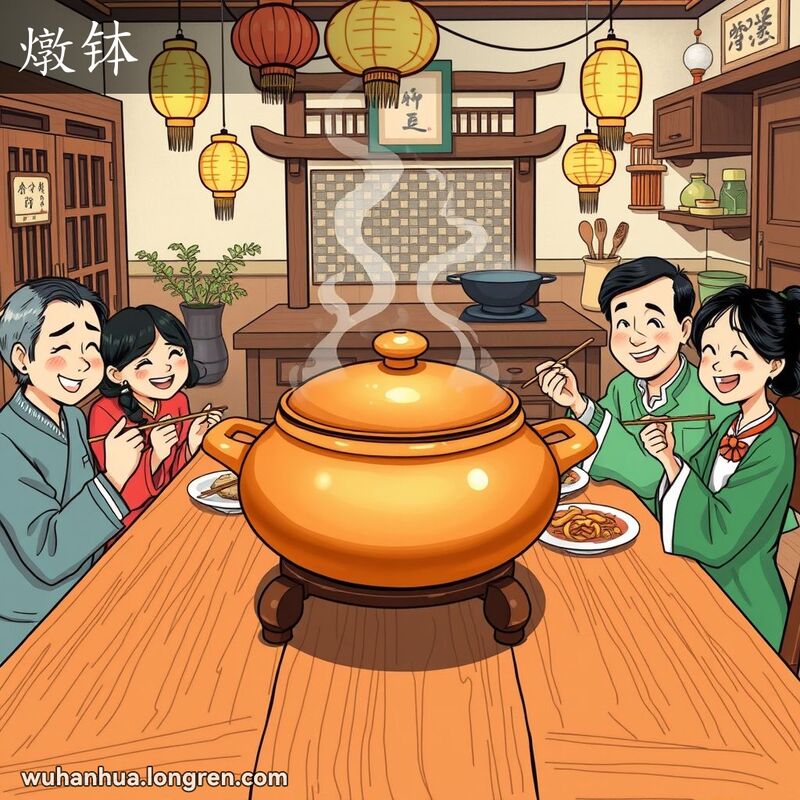 一个温馨的厨房场景，家人围坐在桌旁，享用燉钵中的美食，背景是传统中式厨房装饰。