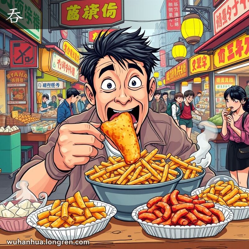 一位武汉男子坐在桌前，准备一口吞下一大块食物，背景是繁忙的武汉街头市场。