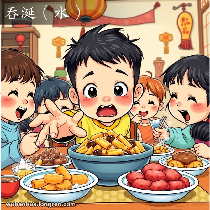 一群孩子围在桌子旁，一个孩子流露出垂涎欲滴的表情，背景是温馨的家庭环境