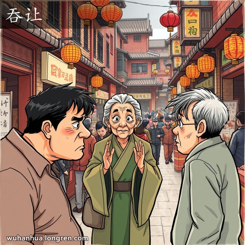武汉市场中，两人争执，老妇人调解，背景是武汉老街景