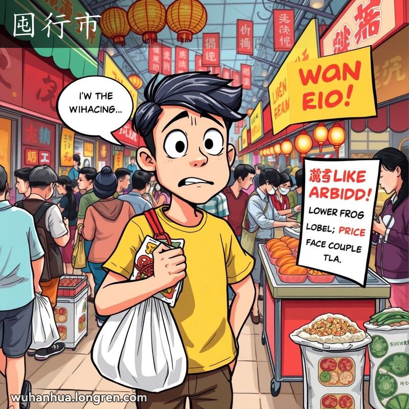 一位市民在武汉市场中手持购物袋，看到摊贩降价出售同样的商品，露出惊讶和懊恼的表情，背景是繁忙的市场场景
