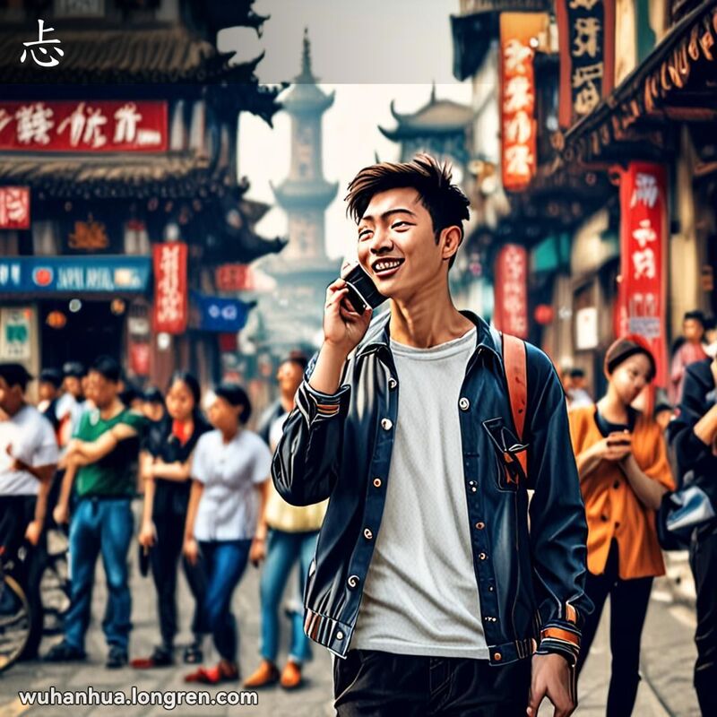 一位年轻男子在武汉街头通话，手势示意暂停，背景是热闹的城市景象