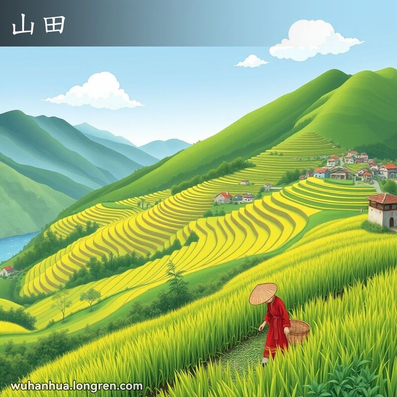 山地农田景象，农民在田间劳作，背景是蓝天白云和小村庄