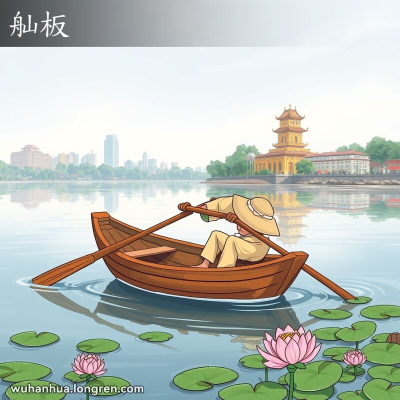 武汉长江边，一艘小木船“舢板”漂浮在水面上，渔夫划桨，背景是黄鹤楼和荷花。