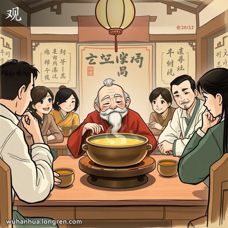 一位智慧的老人在武汉茶馆中观察周围人的互动和表情，背景是传统中国装饰