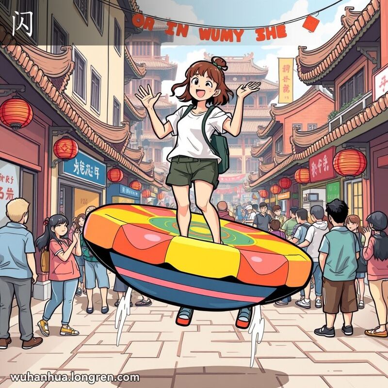 一位年轻女子在武汉街头的跳板上跳跃，跳板上下闪动，背景是热闹的街景和欢呼的人群
