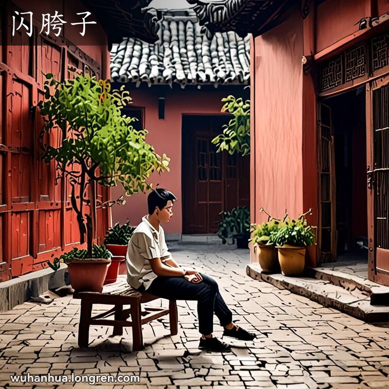 一位年轻人坐在武汉老院子里的木凳上，一条腿搭在另一条腿上，正在不停地抖动搭着的那条腿，背景是武汉老院子。