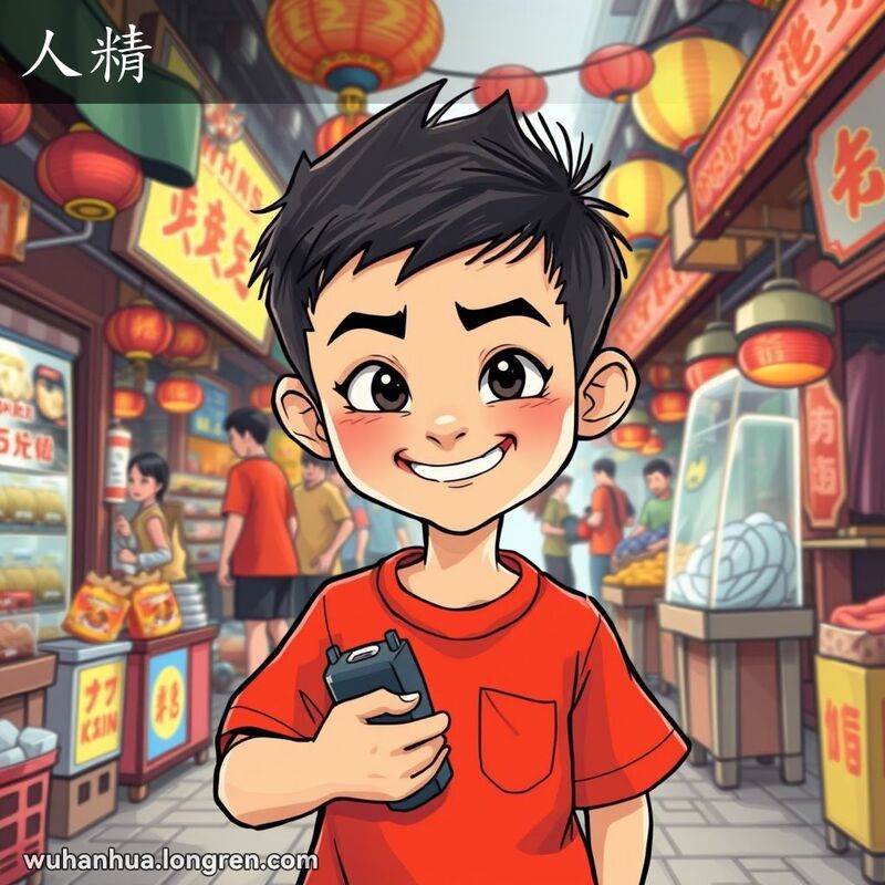 一位穿红色上衣的小男孩在武汉街市中手持玩具，露出狡黠的笑容，背景是热闹的市场摊位