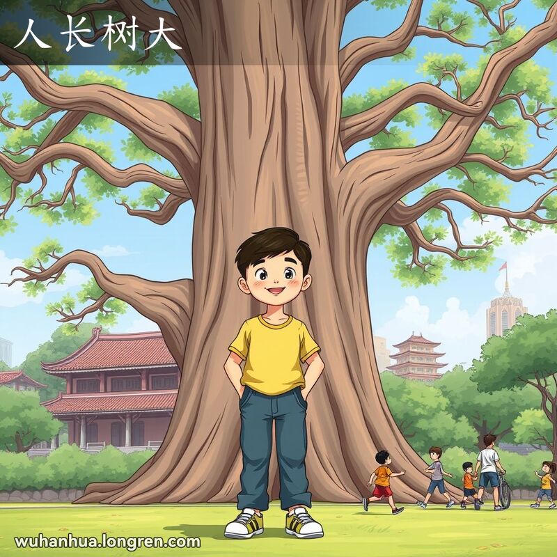 一位武汉少年站在高大老树前，显得比同龄人高出一截，背景是武汉公园景象