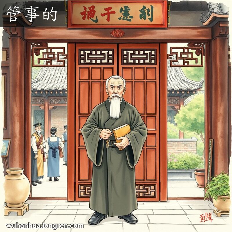 一位中年男子站在武汉院落门口，手持钥匙和账本，神情严肃，背景是繁忙的院落和茂盛的花园