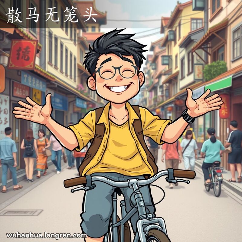 一位武汉青年骑自行车，双手不扶把，背景是热闹的老街