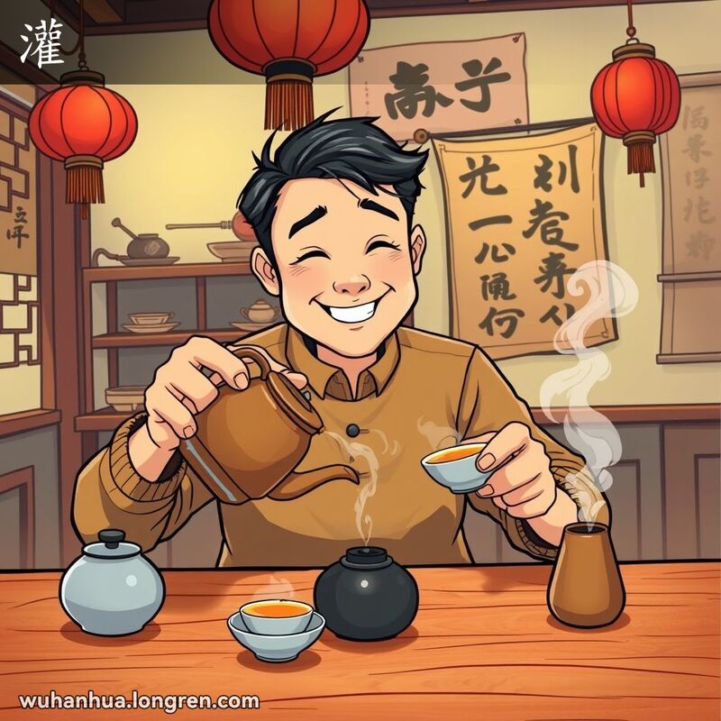 一位男子在武汉茶馆中倒茶，背景有红灯笼和书法挂轴，画面温馨舒适。