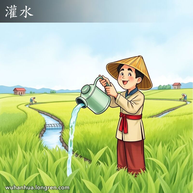 一位武汉农民在田间用水壶浇水，背景是田野和其他农民