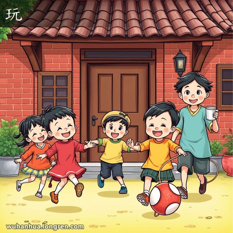 一群孩子在武汉传统民居前跳绳、玩陀螺、踢球，背景中有成年人微笑观看，画面充满活力和欢乐