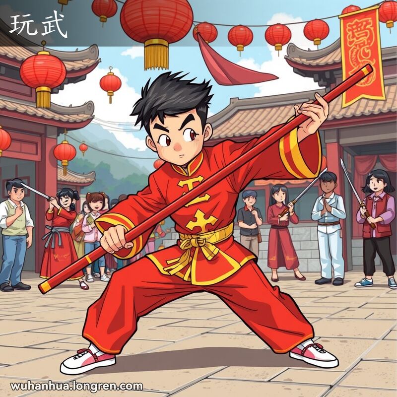 一位年轻的武术表演者在户外进行精彩的武术表演，背景有其他表演者和观众，画面充满文化氛围