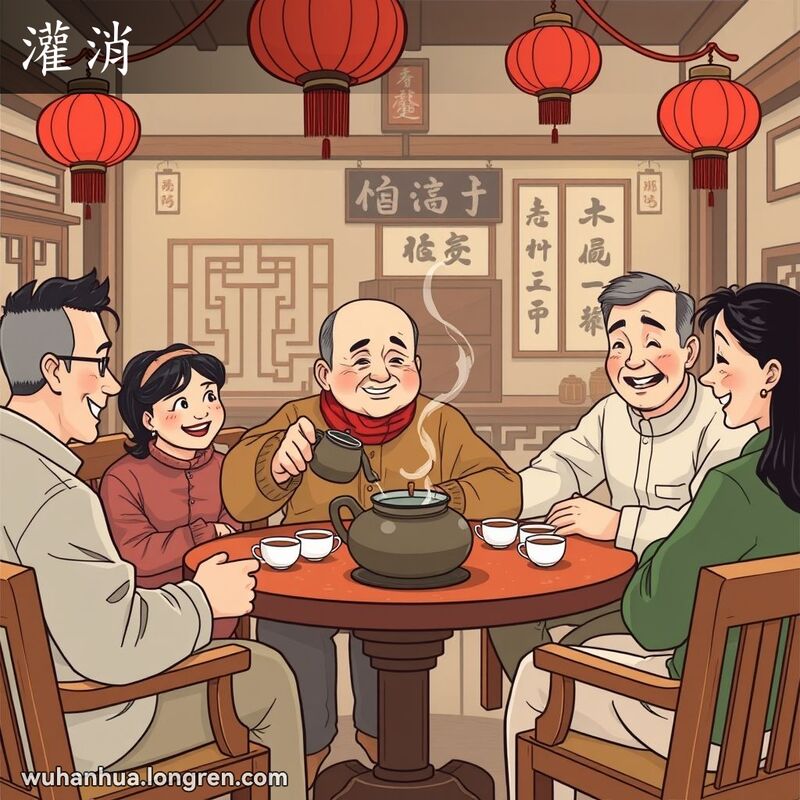 一群朋友在传统武汉茶馆里喝茶，主角微笑着为朋友们倒茶，背景有木质家具和红色灯笼